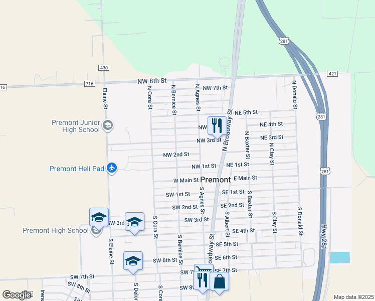 map of restaurants, bars, coffee shops, grocery stores, and more near 214 Northwest 2nd Street in Premont