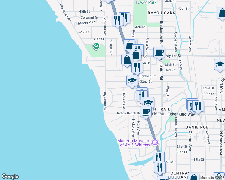 map of restaurants, bars, coffee shops, grocery stores, and more near 844 Patterson Drive in Sarasota