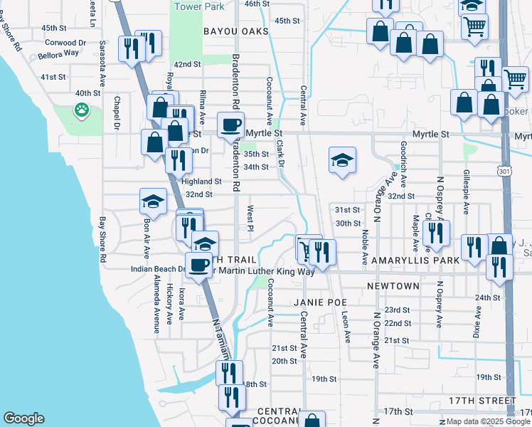 map of restaurants, bars, coffee shops, grocery stores, and more near 1240 31st Street in Sarasota