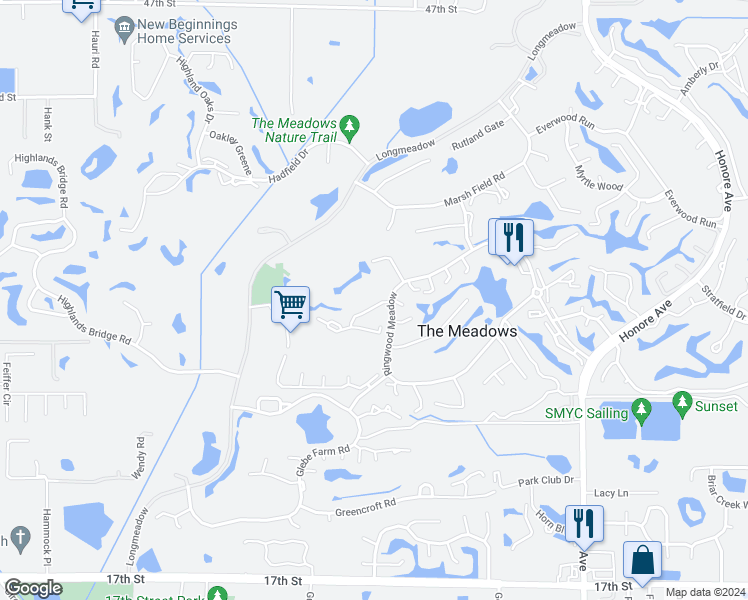 map of restaurants, bars, coffee shops, grocery stores, and more near 4732 Longwater Chase in Sarasota