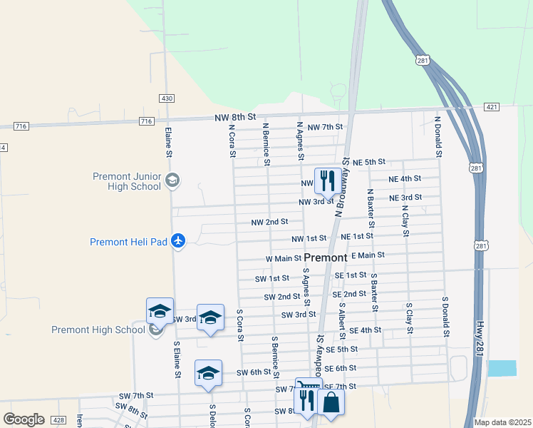 map of restaurants, bars, coffee shops, grocery stores, and more near 309 North Bernice Street in Premont