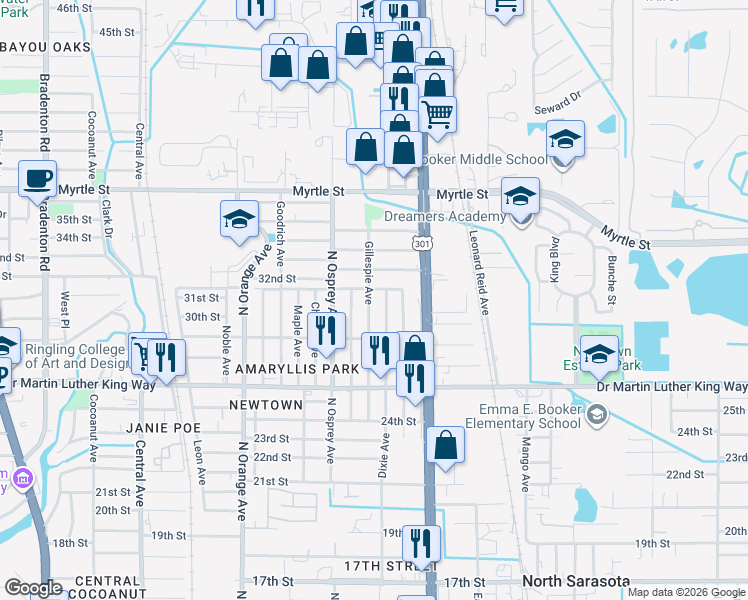 map of restaurants, bars, coffee shops, grocery stores, and more near 3026 Gillespie Avenue in Sarasota