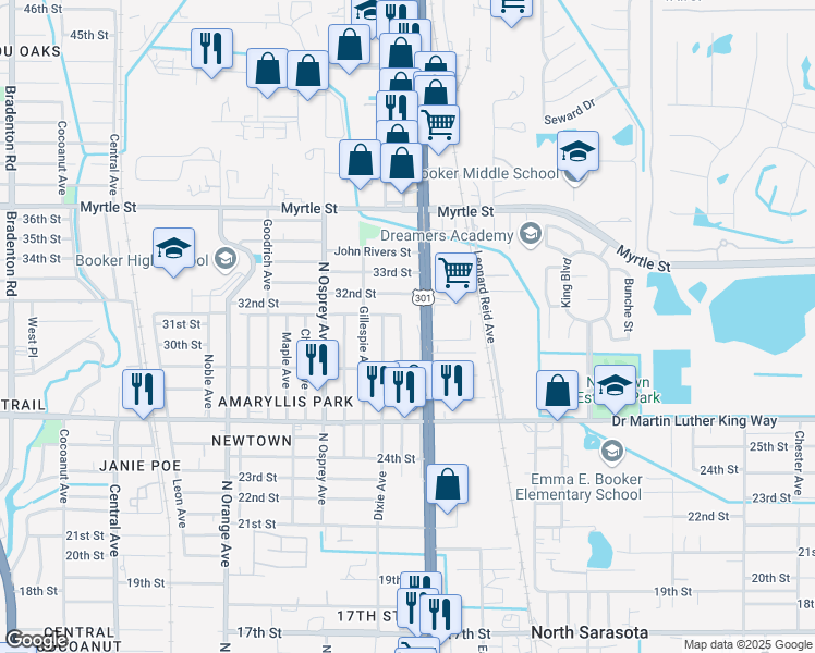 map of restaurants, bars, coffee shops, grocery stores, and more near 3024 Pershing Avenue in Sarasota