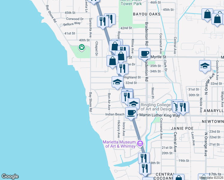 map of restaurants, bars, coffee shops, grocery stores, and more near 2901 West Tamiami Circle in Sarasota