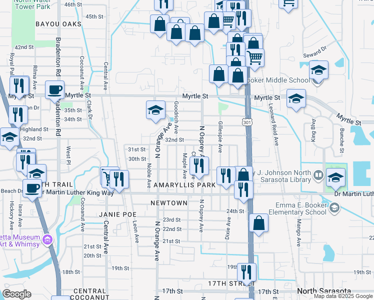 map of restaurants, bars, coffee shops, grocery stores, and more near 3028 Maple Avenue in Sarasota