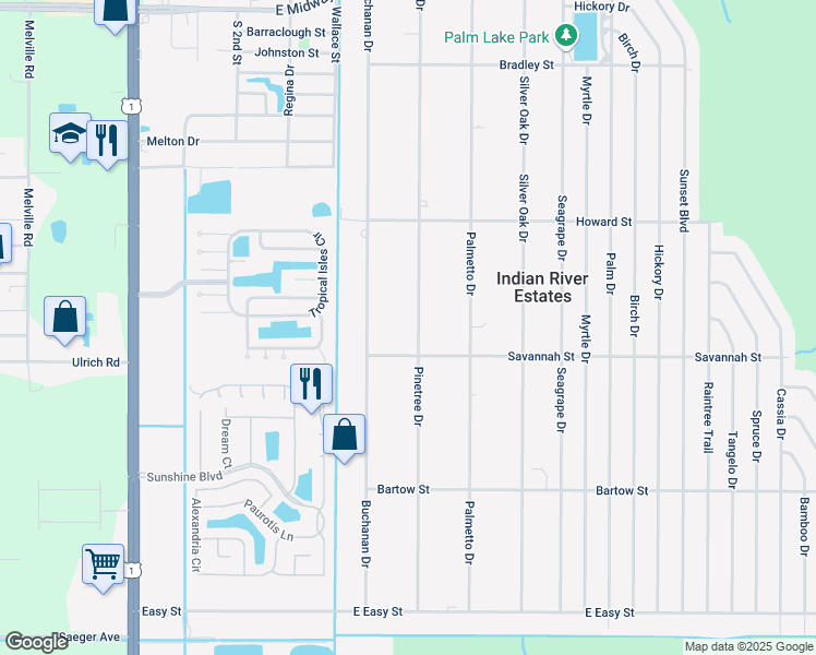 map of restaurants, bars, coffee shops, grocery stores, and more near 5603 Pinetree Drive in Fort Pierce