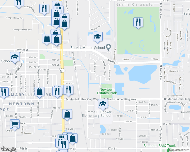 map of restaurants, bars, coffee shops, grocery stores, and more near 3012 Mccloud Circle in Sarasota