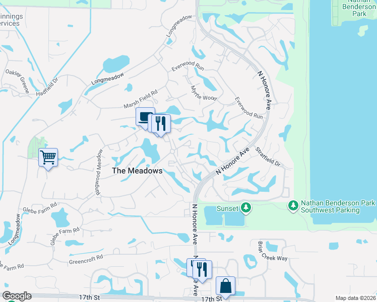 map of restaurants, bars, coffee shops, grocery stores, and more near 3134 Windrush Bourne in Sarasota
