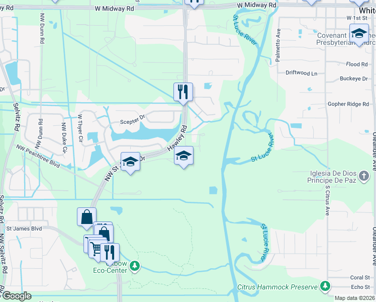map of restaurants, bars, coffee shops, grocery stores, and more near 104 Northeast Charleston Oaks Drive in Port St. Lucie