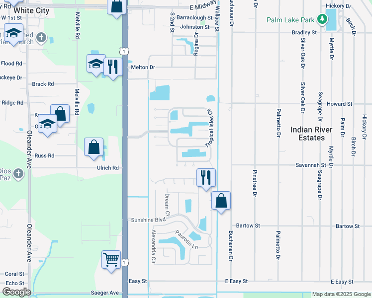 map of restaurants, bars, coffee shops, grocery stores, and more near 520 Tropical Isles Circle in Fort Pierce