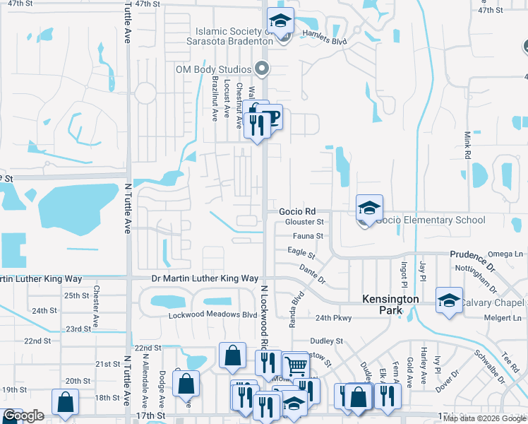 map of restaurants, bars, coffee shops, grocery stores, and more near North Lockwood Ridge Road & Gocio Road in Sarasota