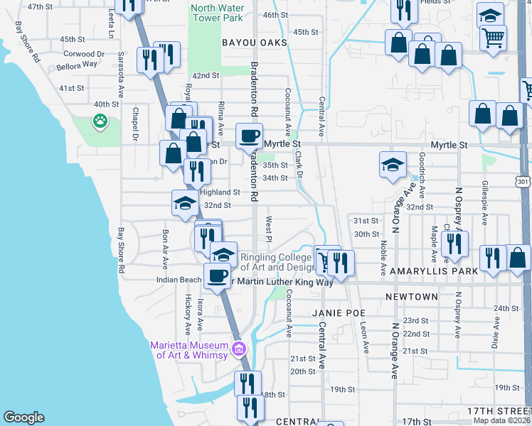 map of restaurants, bars, coffee shops, grocery stores, and more near 3041 West Place in Sarasota