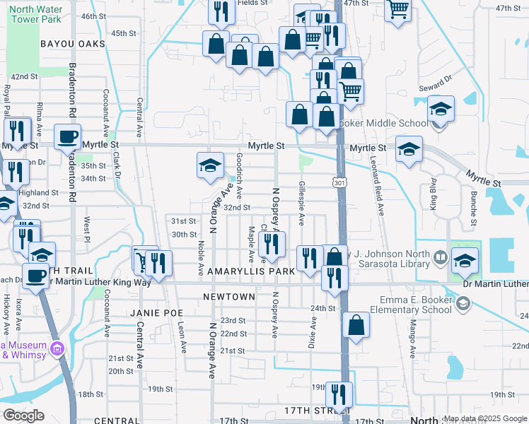map of restaurants, bars, coffee shops, grocery stores, and more near 3028 Maple Avenue in Sarasota