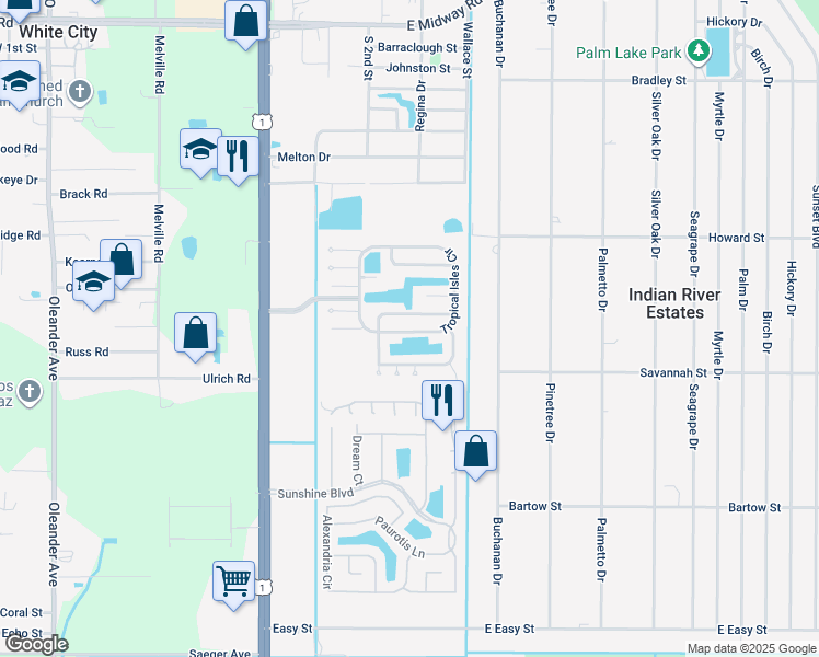map of restaurants, bars, coffee shops, grocery stores, and more near 520 Tropical Isles Circle in Fort Pierce