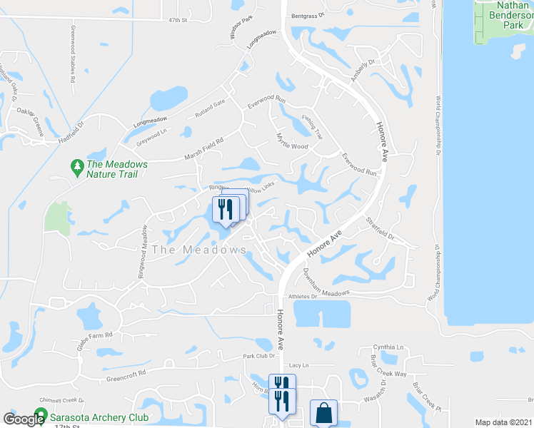 map of restaurants, bars, coffee shops, grocery stores, and more near 5184 Lake Village Drive in Sarasota