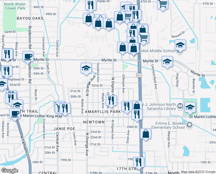 map of restaurants, bars, coffee shops, grocery stores, and more near 3028 Maple Avenue in Sarasota