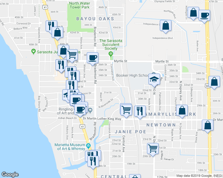 map of restaurants, bars, coffee shops, grocery stores, and more near 1240 31st Street in Sarasota