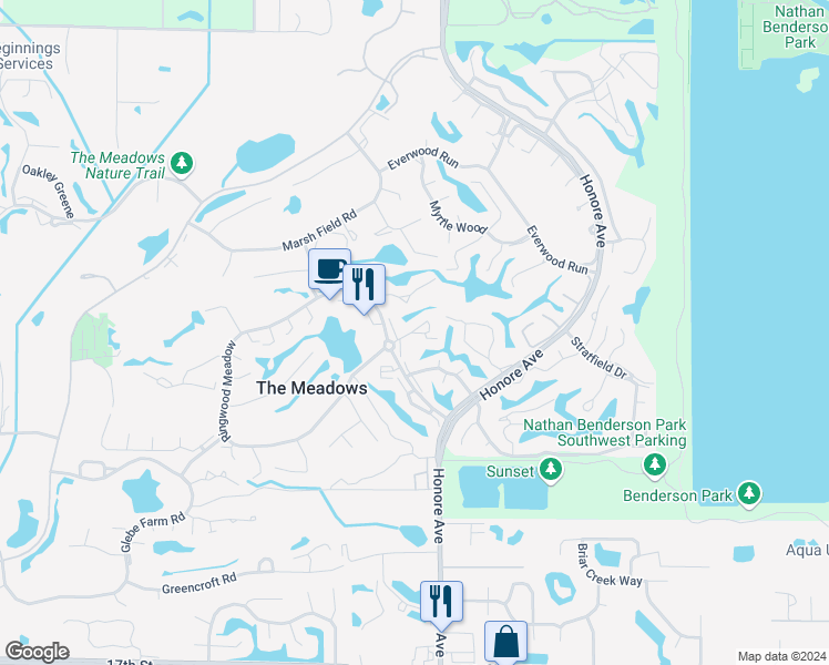 map of restaurants, bars, coffee shops, grocery stores, and more near 5184 Lake Village Drive in Sarasota