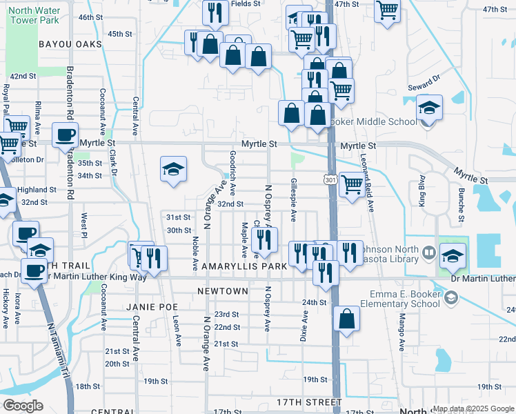 map of restaurants, bars, coffee shops, grocery stores, and more near 1762 32nd Street in Sarasota