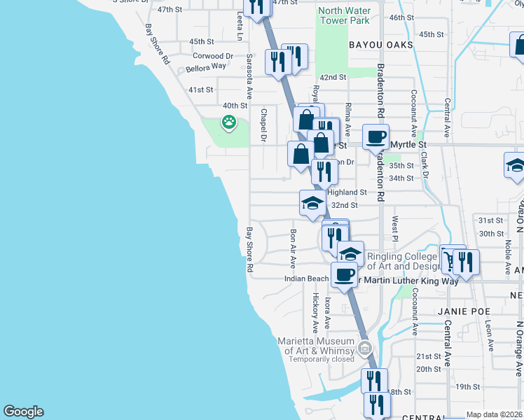 map of restaurants, bars, coffee shops, grocery stores, and more near 816 32nd Street in Sarasota