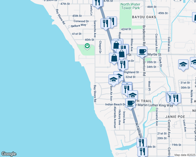 map of restaurants, bars, coffee shops, grocery stores, and more near 844 Patterson Drive in Sarasota