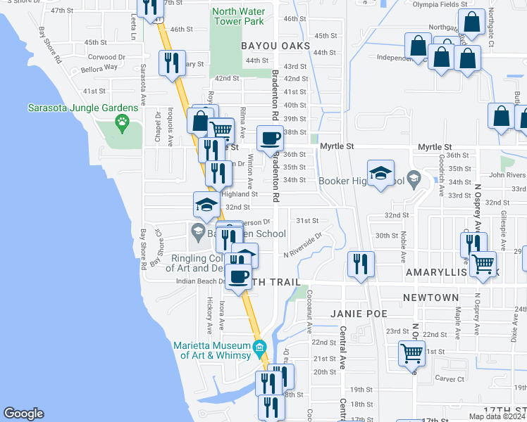 map of restaurants, bars, coffee shops, grocery stores, and more near 1146 Patterson Drive in Sarasota