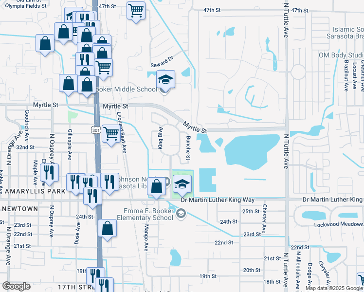 map of restaurants, bars, coffee shops, grocery stores, and more near 3214 Bunche Street in Sarasota