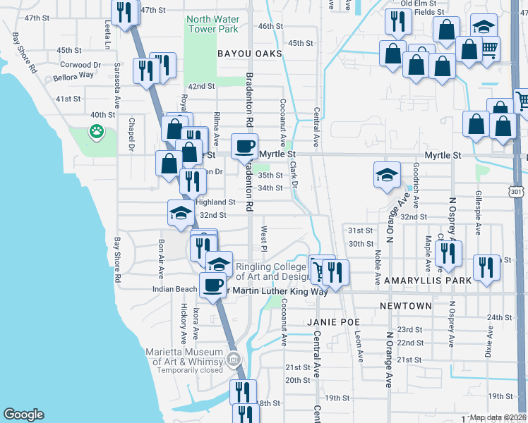 map of restaurants, bars, coffee shops, grocery stores, and more near 3200 Bradenton Road in Sarasota