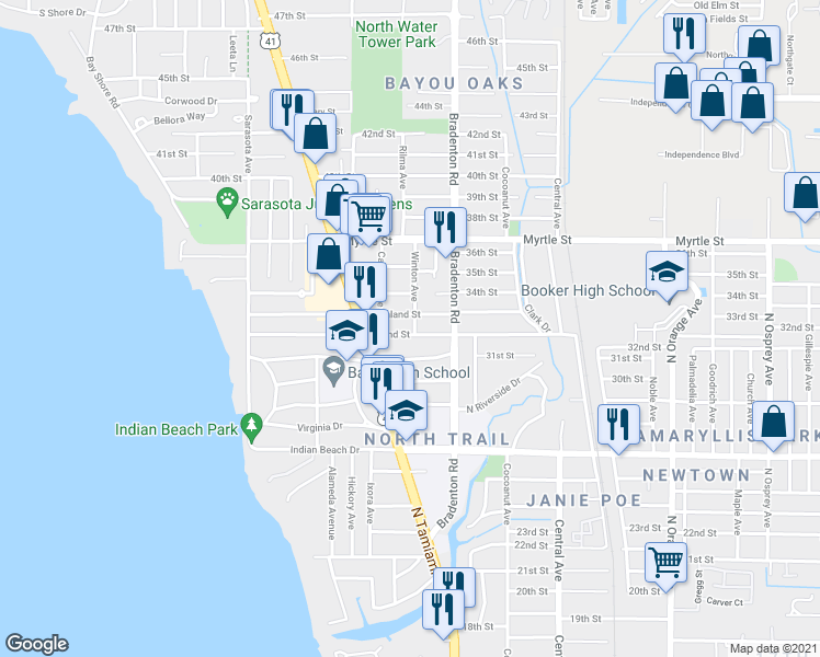 map of restaurants, bars, coffee shops, grocery stores, and more near 1148 Highland Street in Sarasota