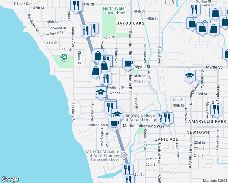 map of restaurants, bars, coffee shops, grocery stores, and more near 1058 Highland Street in Sarasota