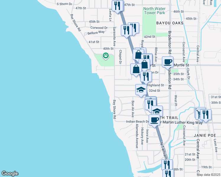 map of restaurants, bars, coffee shops, grocery stores, and more near 3221 Bay Shore Road in Sarasota