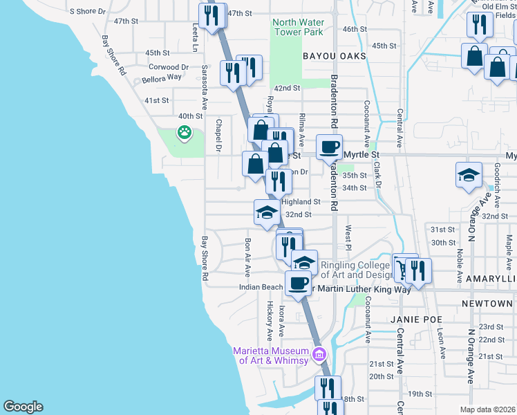 map of restaurants, bars, coffee shops, grocery stores, and more near 3201 North Tamiami Trail in Sarasota