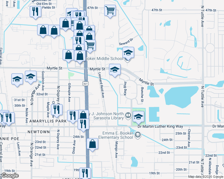 map of restaurants, bars, coffee shops, grocery stores, and more near 2164 32nd Street in Sarasota