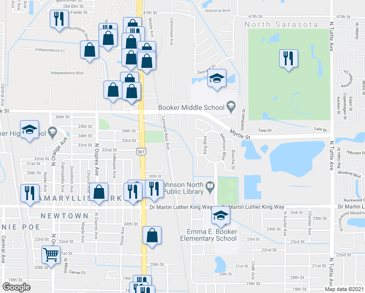 map of restaurants, bars, coffee shops, grocery stores, and more near 2164 32nd Street in Sarasota