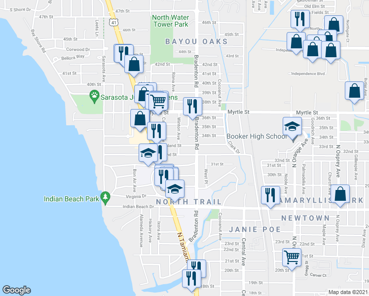map of restaurants, bars, coffee shops, grocery stores, and more near 1148 Highland Street in Sarasota