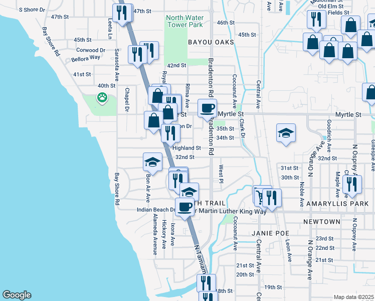 map of restaurants, bars, coffee shops, grocery stores, and more near 1058 Highland Street in Sarasota