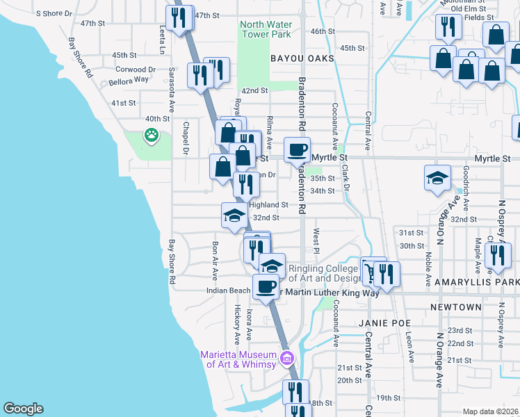 map of restaurants, bars, coffee shops, grocery stores, and more near 1058 Highland Street in Sarasota
