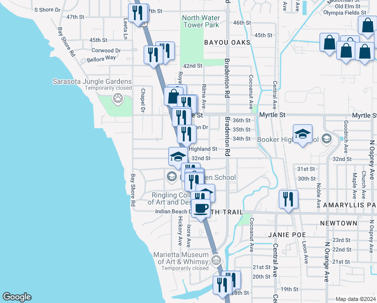 map of restaurants, bars, coffee shops, grocery stores, and more near 3201 North Tamiami Trail in Sarasota