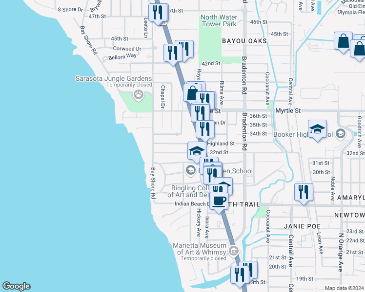 map of restaurants, bars, coffee shops, grocery stores, and more near 938 Highland Street in Sarasota