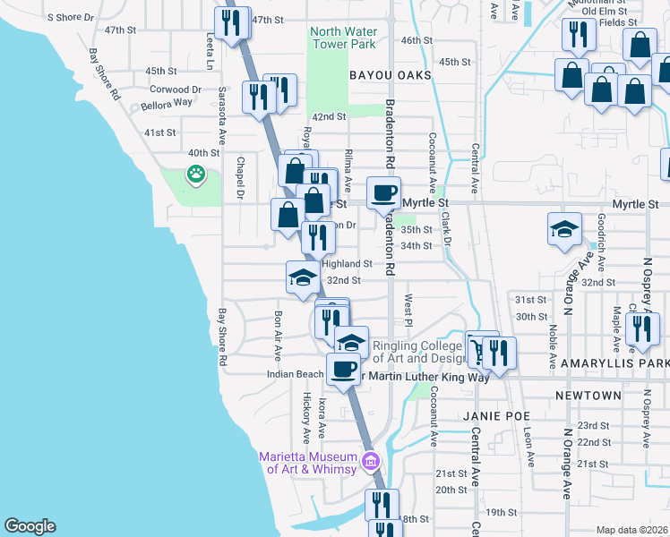 map of restaurants, bars, coffee shops, grocery stores, and more near 1058 Highland Street in Sarasota