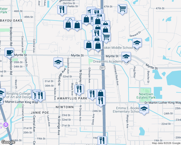 map of restaurants, bars, coffee shops, grocery stores, and more near 3206 Gillespie Avenue in Sarasota