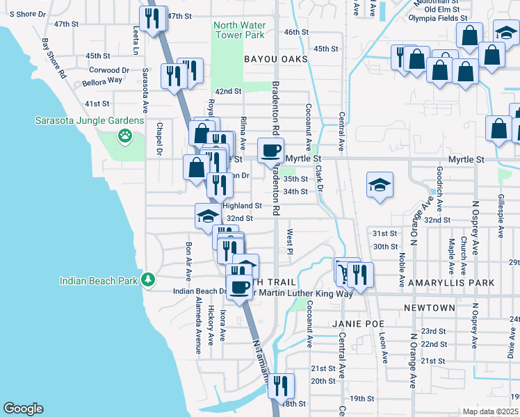 map of restaurants, bars, coffee shops, grocery stores, and more near 1148 Highland Street in Sarasota