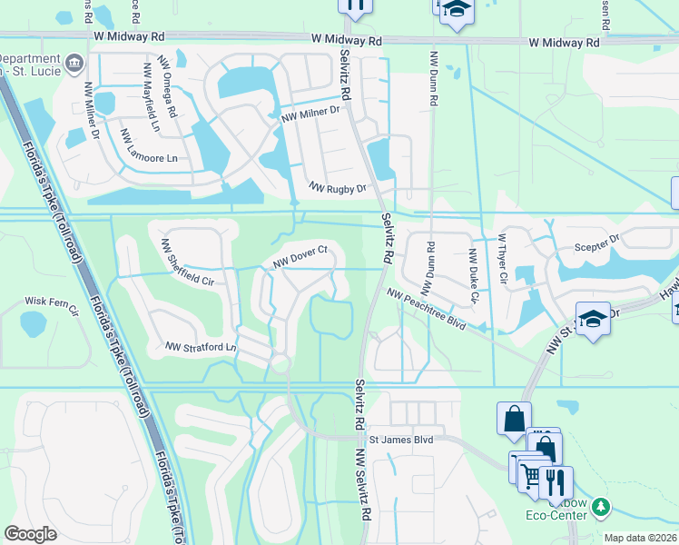 map of restaurants, bars, coffee shops, grocery stores, and more near 472 Northwest Dover Court in Port St. Lucie