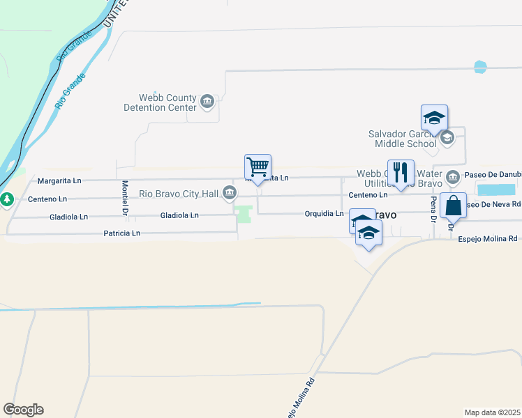 map of restaurants, bars, coffee shops, grocery stores, and more near 1605 Centeno Lane in Laredo