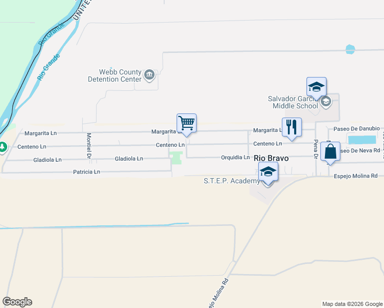 map of restaurants, bars, coffee shops, grocery stores, and more near 1542 Orquidia Lane in Laredo