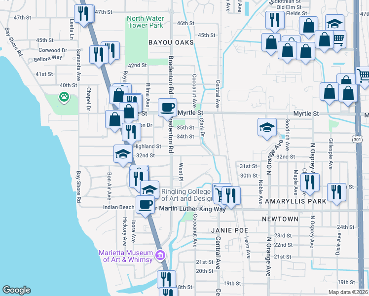 map of restaurants, bars, coffee shops, grocery stores, and more near 3200 Bradenton Road in Sarasota