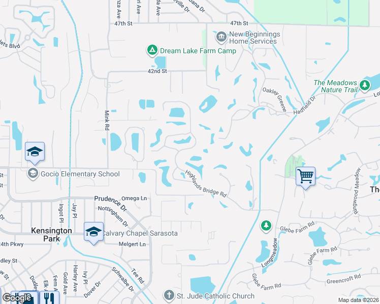 map of restaurants, bars, coffee shops, grocery stores, and more near 3310 Highlands Bridge Road in Sarasota