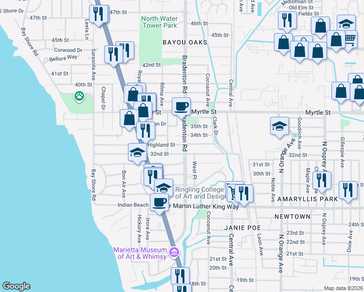 map of restaurants, bars, coffee shops, grocery stores, and more near 3200 Bradenton Road in Sarasota