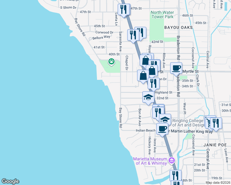 map of restaurants, bars, coffee shops, grocery stores, and more near 3221 Bay Shore Road in Sarasota
