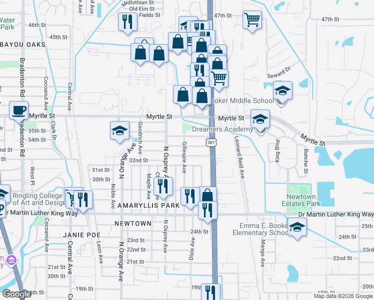 map of restaurants, bars, coffee shops, grocery stores, and more near 3206 Gillespie Avenue in Sarasota